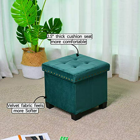 Green KINWELL 15inch Foldable Storage Ottoman with Tufted Wooden Lid Velvet Cube Footstool for Footrest and Rest Seat 